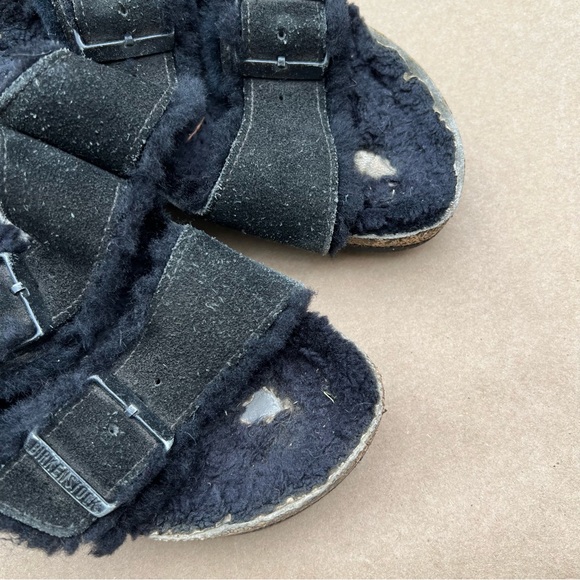 Birkenstock Arizona Shearling Black Suede Sandals Size 7 Fur Lined Cozy - Picture 7 of 16